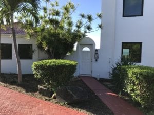 A white door and bushes in front of a building.