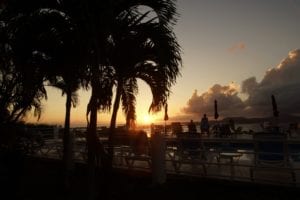 A sunset with palm trees and people sitting at tables.